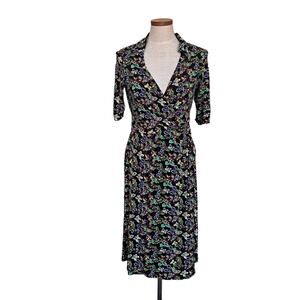 Laura Ashley Black Multicolored Butterfly Print Wrap Knit Dress w Collar -Size 8